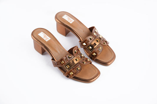 Leather Heeled Sandals with Metal Studded Strap